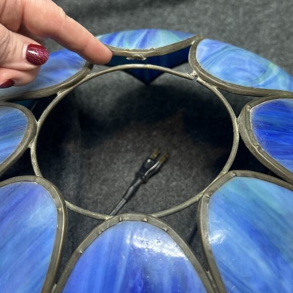 Vintage 1970s Stained Glass Chandelier Two Tier Slag Glass Hanging Lotus Flower - Picture 8 of 16